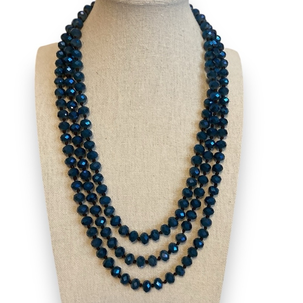 Vintage Bead Necklace Crystal Hand Knotted Blue 31”